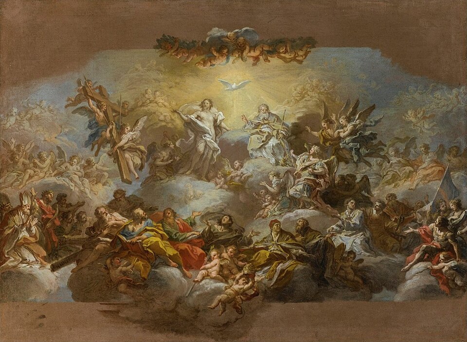 Die Heiligste Dreifaltigkeit, umgeben von Heiligen (Skizze von Sebastiano Conca)