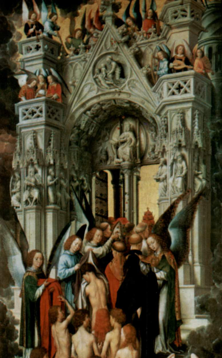 Des anges conduisent les bienheureux à la porte du Paradis (Hans Memling, Le Jugement dernier)