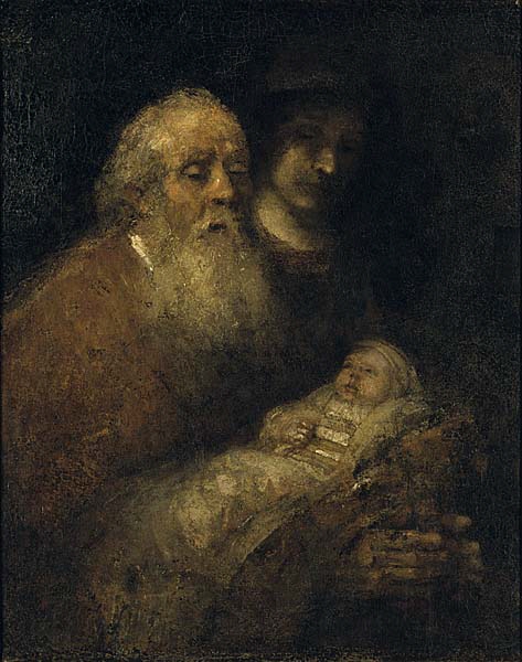 Der greise Simeon nimmt das Jesuskind auf seine Arme